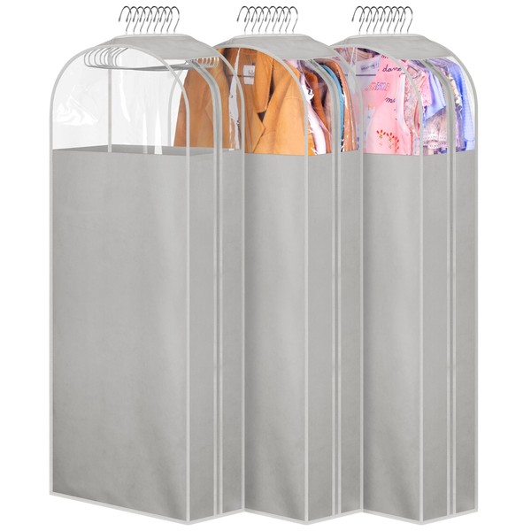 MISSLO 10" Gusseted Garment Bags for Hanging Clothes 50" Long Dress Bags for Closet Storage Dress Cover for Suits, Coats, 3 Packs, Grey
