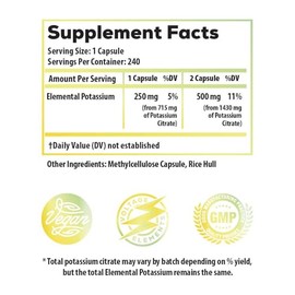 Ideal Infusion Citrato de potasio de Voltage Elements 1430 mg: función nerviosa, salud cardíaca y renal - Potasio elemental 500 mg (240 cápsulas) vega