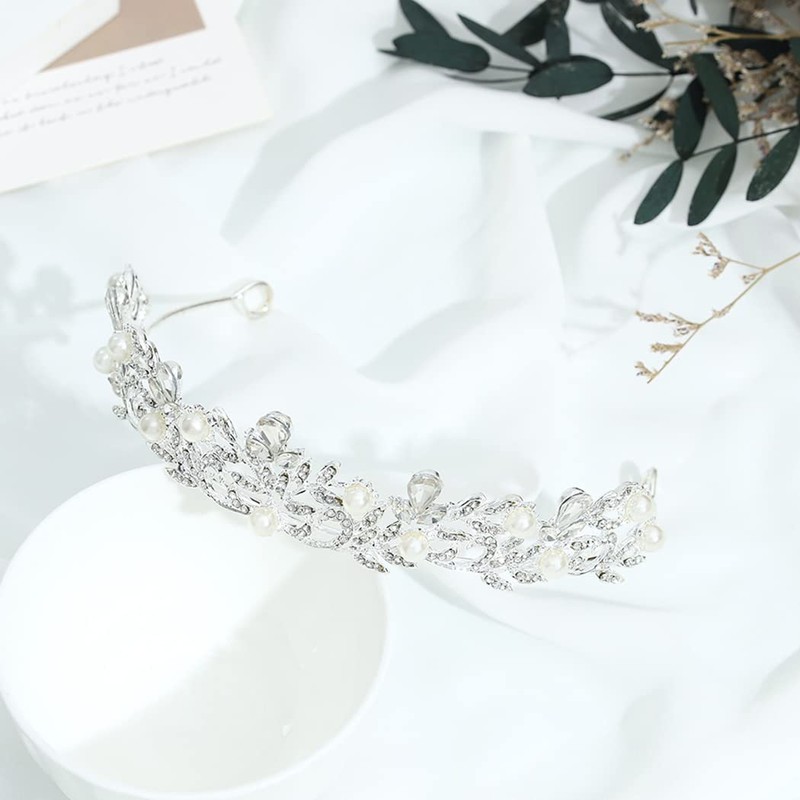 Urieo Silver Rhinestone Tiara Crown Bridal Pearl Queen Crown Crystal
