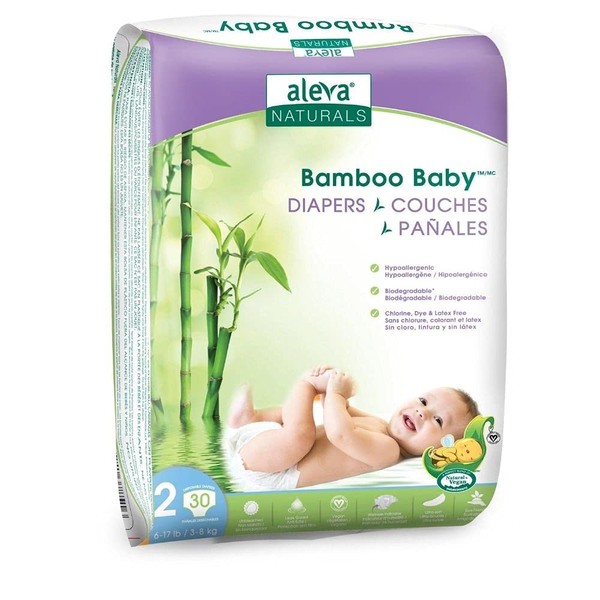 Aleva Naturals Hypoallergenic Bamboo Baby Diapers for Baby, Ultra Soft, Sensitive Skin Friendly, Biodegradable, Disposable– Size 2 (6-17 lbs/3-8 kg) | 30ct,37845