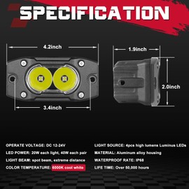 OFFROADTOWN Flush Mount LED Pods 2PCS Flush Mount Backup Lights 40W Spot Offroad Driving Lights Flush Mount Fog Light Ditch Lights Bumper Light for Trucks Pickup UTV SUV ATV, White