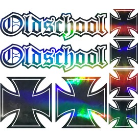 Oldschool Sticker Set, 2 Lettering 20 x 6 cm, 6 Iron Crosses in Various Sizes, Perfect for Rocker Scene (Hologram Oilslick Black)