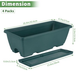 HAITRAL Railing Planter Boxes (16.9 Inch, 4 Pack) Green Plastic Deck Rail Planter for Outdoor Plants, Hanging Window Boxes Planter with Drainage Tray for Over Rail Porch Fence,Balcony & Home Decor