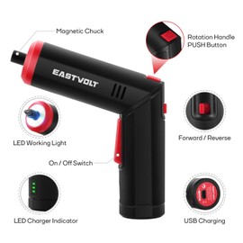 Eastvolt 4V Cordless Screwdriver, 6Nm Electric Screwdriver Rechargeable with 90 degree rotary handle, LED Light and USB Charging, Extension Rod, 32 Pieces Accessories