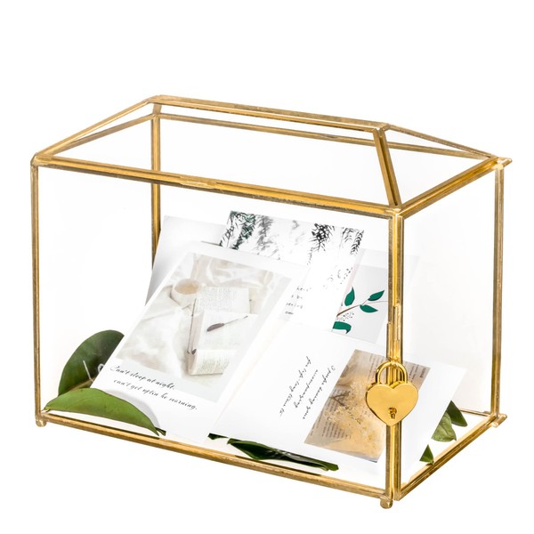 NCYP Gold Glass Cards Box with Slot and Lock for Wedding Reception - 10.2x5.9x7.9 Inches - Birthdays Party Card Holder, Home Geometric Decorative Box, Large Clear Terrarium (Glass Box Only)