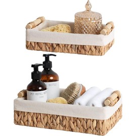 Small Wicker Baskets for Organizing, Decorative Water Hyacinth Storage Baskets for Shelves, Toilet Paper Storage Baskets for Bathroom, Living Room, EntryWay, Set of 2 - Color: Brown (Paper)