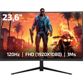 GAMEPOWER F10 23.6 Inch Curved Gaming Monitor, 120Hz 1080p Display, 1ms Response Time, AMD FreeSync, HDR Support, 125% sRGB, RGB Backlight, Dual Speakers, Zero Frame Design, HDMI and VGA Inputs,1800R
