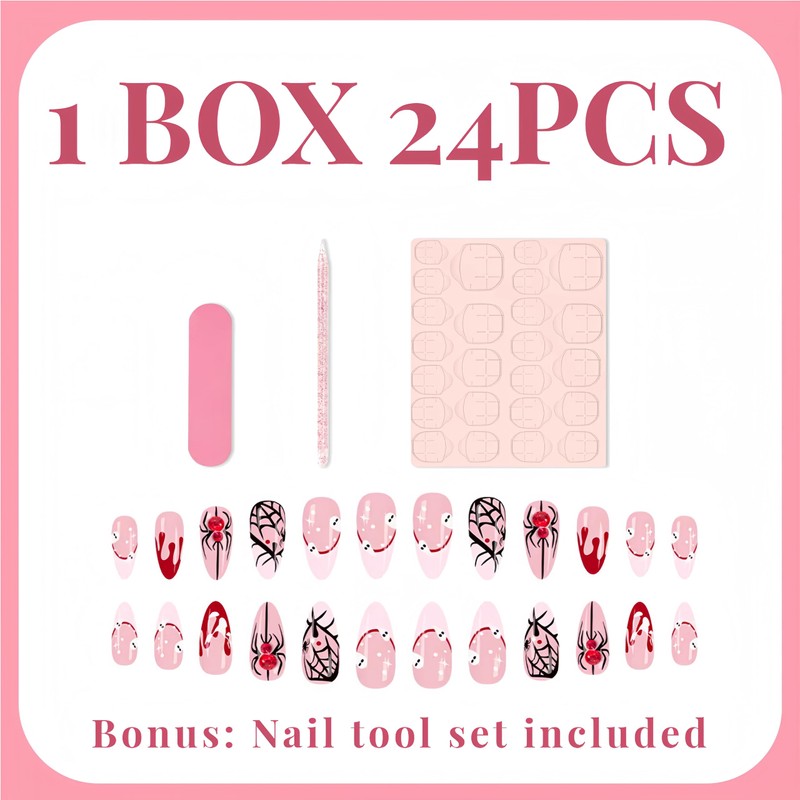 24Pcs White French Tip Halloween Press on Nails Short Almond
