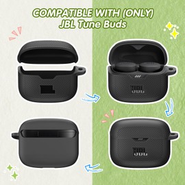 Silicone Case Compatible with Tune Buds,Shock Proof Waterproof Portable Protective Cover with Metal Carabiner [Front LED Visible] Black