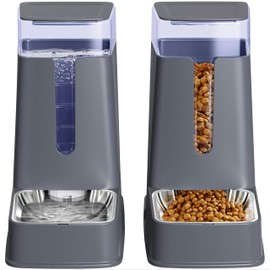 Hipidog Cat Food Dispenser and Cat Water Dispenser Set with Stainless Steel Bowls Gravity Dog Feeder for Small Medium Big Cat Dog Pet Puppy Kitten, 1 Gallon x 2