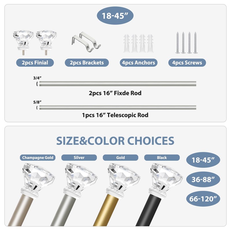 TVWOO Acrylic Crystal Silver Curtain Rod 18-45",Clear Bling Diamond Finials