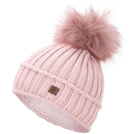 Faera Winter Hat Women's Hat Lined with Faux Fur Bobble Hat Girls Fleece Lining Winter Knitted Hat Beanie Men 34, rose