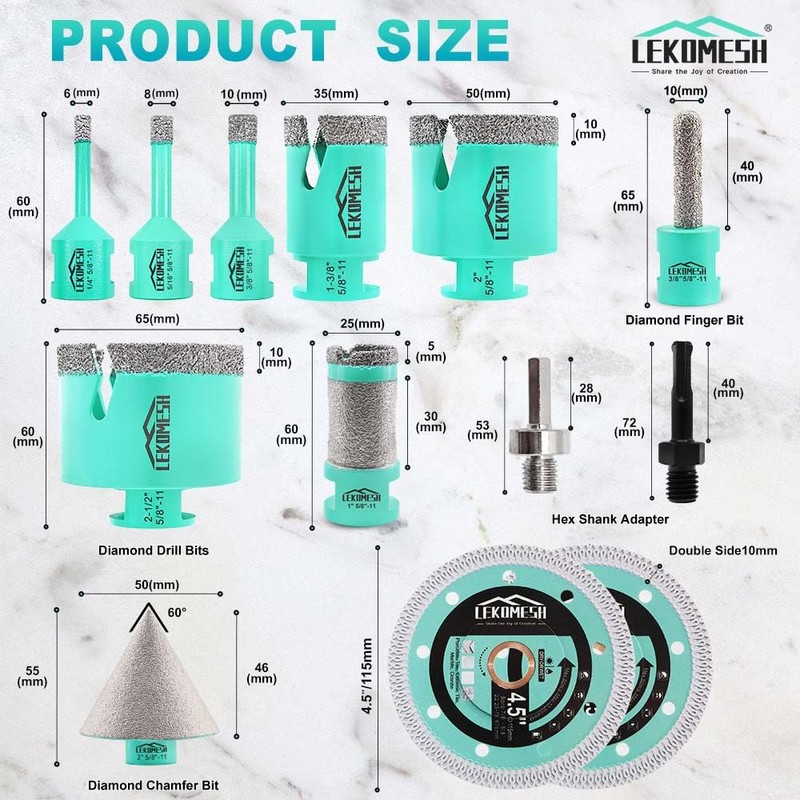 LEKOMESH Tile Hole Saw Kit for Porcelain - (6/8/10/35/50/65mm+Finger Bit+Drilling