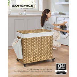 SONGMICS Laundry Hamper with Lid, 37 Gallons (140 L), Rolling Laundry Basket with Wheels, 3-Section Synthetic Rattan, Removable Liner, Bedroom, 26 x 13 x 26 Inches, Natural ULCB363N01