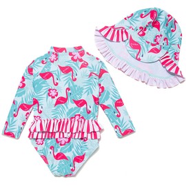 BONVERANO Baby Girl Sunsuits Zip One-Piece L/S Swimsuit UPF50+ Sun Protection with Hats(Flamingo,24-36 Months)