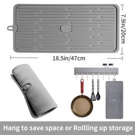 Silicone Dish Drying Mat for Kitchen Counter Efficient Drainage Design Dishwasher Safe Heat Resistant Non Slip Dish Mat for Drying Stemware Cocktail Glasses Silverware Pots Pans Easy to Clean Gray