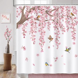 COZZSNUGE Pink Cherry Blossom Shower Curtain, Japanese Sakura Floral Birds Shower Curtain Waterproof Polyester for Bathroom with 12 Hooks, 72 x 72 Inches