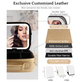 MOMIRA Travel Makeup Bag Cosmetic Bag with Lighted Mirror, Adjustable Brightness in 3 Color Scenarios/Detachable makeup mirror, All-round Upgrade, Waterproof, Gift for Women -Gold