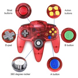miadore 2 Packs Classic 64 Wired Controller Joystick for N64 Video Game System N64 Console (Clear Red and Blue)