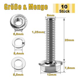 Pack of 10 M8 x 20 Hex Bolts, Flange Screws, Stainless Steel A2 V2A, Male Hexagon, Full Thread, Washers, Spring Washers & Nuts/Screws Assortment with Magnetic Hex Bit