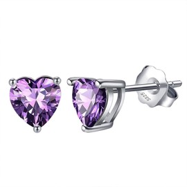 Bellitia Jewelry Birthstone Heart Earrings, Cute, Zirconia, January to December, Earrings, 925 Silver, Women, Stone Cubic Zirconia, Amethyst