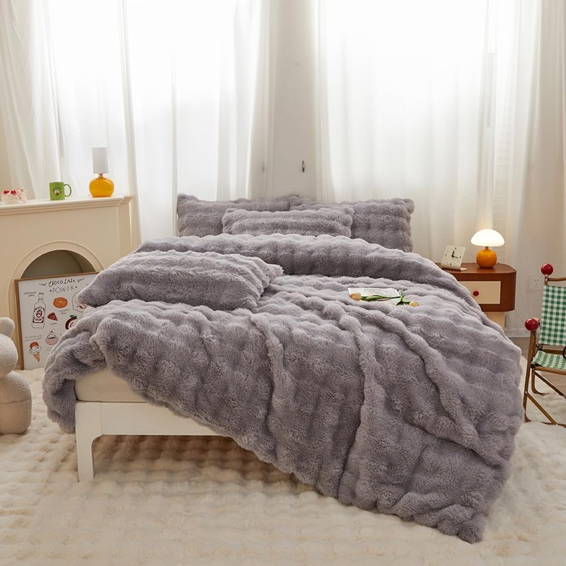 Roscloud Bread Grid Gray Rabbit Plush Faux Fur Comforter Sets