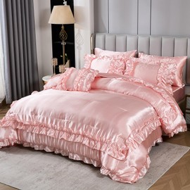 MOVE OVER Pink Satin Comforter Set King Size Pink Ruffle Comforter Bedding Set 8 Pieces Satin Bed in a Bag Farmhouse Shabby Chic Pink Ruffle Design Satin Fabric Luxurious Silk Like Satin Bedding Set