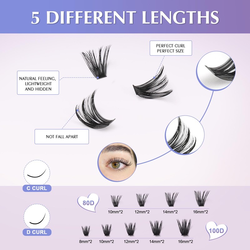 Oreola Cluster Eyelashes, 80D, 100D, Individual Eyelashes, D Curl, False