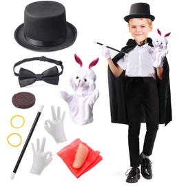 Kids Magician Costume Set with Cloak Cape Top Hat Wand Gloves Rabbit Puppet