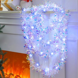 Kingdder 16.4 ft Christmas Prelit Iridescent White Tinsel Garland Metallic Garland with 50 LED Lights Hanging Christmas Garland with Light Xmas Foil Tinsel Garland for Christmas Tree Wedding Party