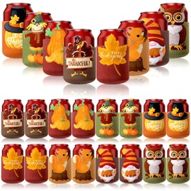 Sliner 24 Pcs Thanksgiving Can Insulated Sleeves Fall Neoprene Bottle Insulator Sleeve Turkey Pumpkin Maple Leaf Beer Can Insulated Covers Friendsgiving Can Cooler Sleeve for Thanksgiving Favors