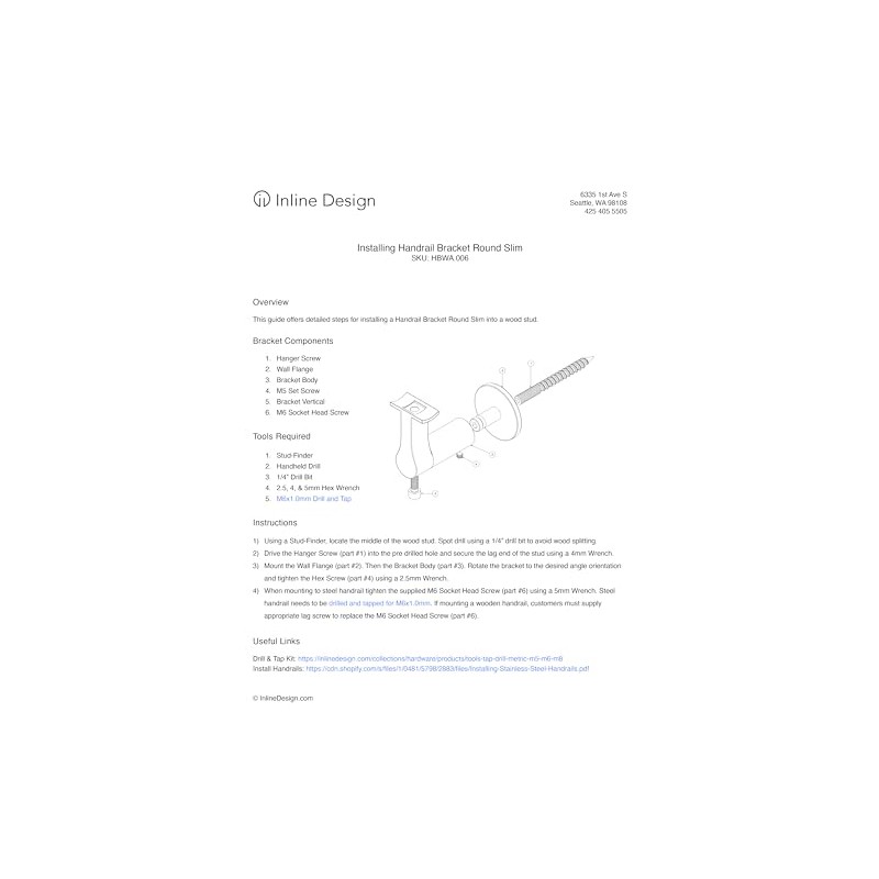 Inline Design Round Slim Stainless Steel 316 Handrail Bracket (Matte