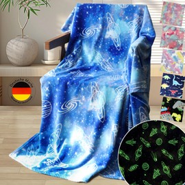 Emilie-Textil Fluffy Children's Blanket, Cuddly Blanket with Luminous Motifs such as Unicorn, Dino, Space and Gaming - Soft Fleece Blanket for Girls and Boys (Blue Space, 200 x 150 cm)