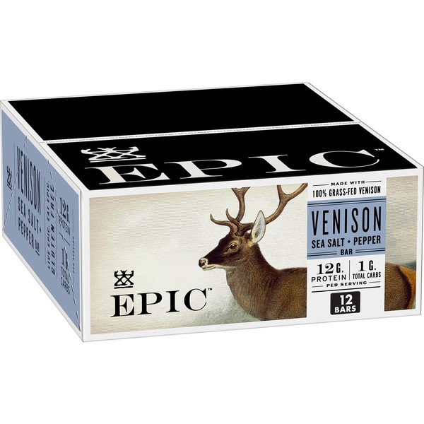 EPIC Venison Sea Salt Pepper Protein Bar, Keto Friendly, sin gluten, 12 unidades, barras de 1.4 oz