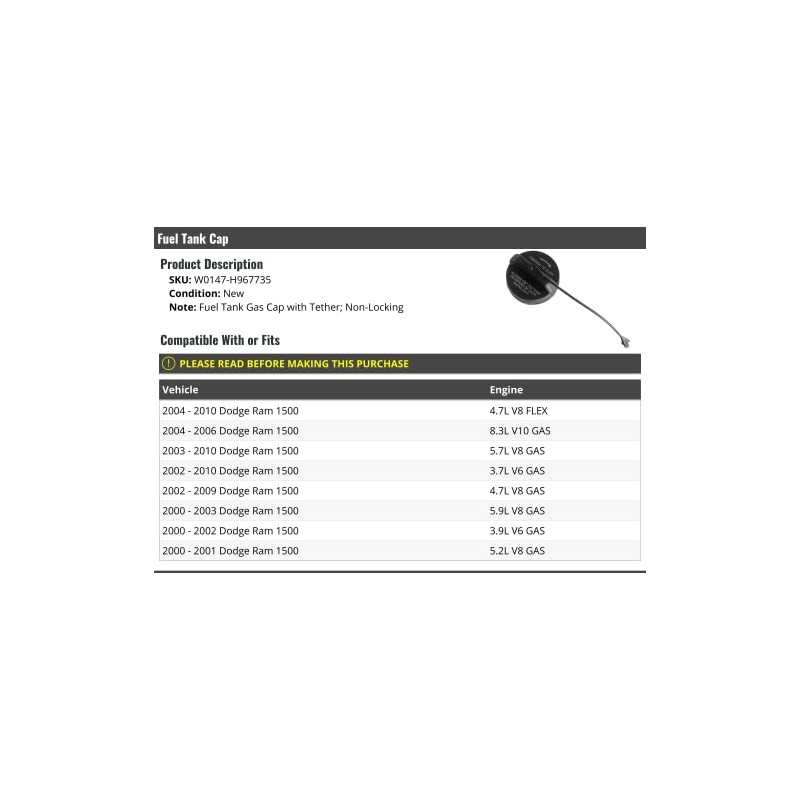 Fuel Tank Cap with Tether - Compatible with 2000-2010 Dodge