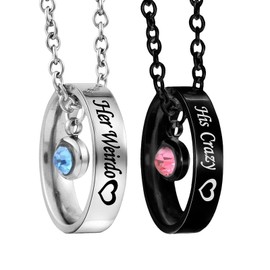 MJartoria Matching Necklaces for Couples, His and Hers Engraved Rhinestone Ring Pendant Necklace Gifts for Boyfriends Girlfriends (Silver+Black, Her Weirdo His Crazy)