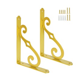 Z metnal Gold Shelf Brackets, 200mm Triangle Shelving Brackets, Wall Mounted Shelf Supporters for Scaffold Board, Modern Brass Metal Corner Brace for DIY Shelving, S Wall Decor 2 Pcs
