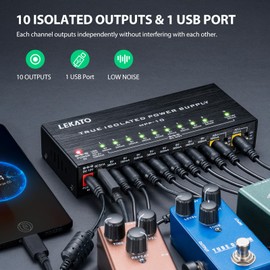 LEKATO LEKATO Guitar Pedal Power Supply, True Isolated Pedal Power Supply with 10 Ports, USB Port, Short Circuit Protection, Guitar Pedal Power DC Output 9V 12V 18V for Effect Pedal