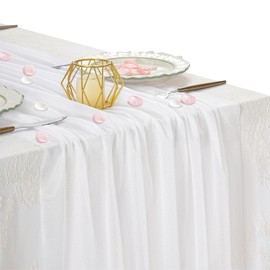 White Chiffon Table Runner with Rose Petals for Party Decor - 6 Pieces Fabric Boho Gauze Table Runner for Wedding Arch Birthday Bridal Party Decorations