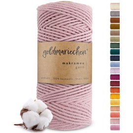 goldmariechen® Premium Macrame Yarn (Dusky Pink) | 3 mm x 100 m | 100% Cotton | Plastic-Free Packaging | Macrame Cotton Yarn for DIY Crafts