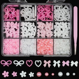 3D Nail Charms Accessories Pink White Bows Nail Charms, Acrylic Spring Blossom Tiny Flowers Heart Pearls Nail Charms Mix Sizes Flatback Pearls Nail Charms for Manicure DIY Crafts Jewel Accessories
