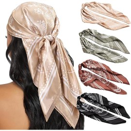 4count Head Scarf for Women 35” Head Scarves Silk Like Satin Neck Scarfs Square Bandana Hair Wraps Scarf for Sleeping - Color: Black, Gray, Orange, Navy