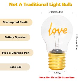 Fengrun Love Cordless Battery Operated Light Bulb, Romantic Wireless Rechargeable Led Lamp Bulb Shatterproof for Valentine Home Decor Party Activity
