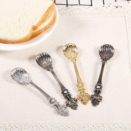 Vintage Spoon Fork Set Coffee Spoon Western Tableware Set of 6 Family Tableware Set Retro Royal Style Gold Silver Colour Antique Metal Cutlery Set, Coffee Dessert Spoon Teaspoon Ice Cream Spoon (Gold)