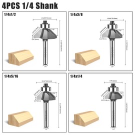 WSOOX 45 Degree Chamfer Router Bit set with 1/4 Inch Shank 4PCS C3 Carbide Bevel Edging Router Bits Cutting Diameter: 1/4",5/16",3/8",1/2".