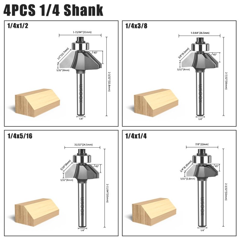 WSOOX 45 Degree Chamfer Router Bit set with 1/4 Inch