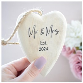 Mr & Mrs Est 2024 Solid Wood Tree Xmas Decoration. Newlywed Christmas Bauble. Newlywed Home Ornament. Just Married Gift