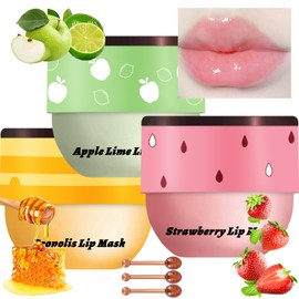 3 piezas de bálsamo labial de miel en pote de abeja, mascarilla labial de miel, fresa y manzana durante la noche, mascarilla labial hidratante para dormir, mascarilla exfoliante para labios para