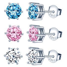 INFINIONLY Women's and Girls' Earrings, 925 Sterling Silver Earrings, 6 Bridge Claw Setting Single Diamond Earrings, Simple Colourful Zirconia Stud Earrings, Perfect Cutting Process, Sterling Silver,