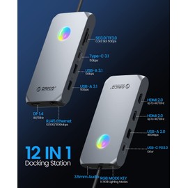 Docking Station USB C to Dual HDMI Adapter, ORICO 12 in 1 RGB USB C Hub with Dual HDMI, DP 1.4, 100W PD, Ethernet, 4 USB Ports, SD/TF, Audio, 14 RGB Lighting Modes, Compatible for Windows/Mac OS（Gold）